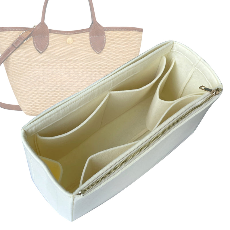 Organizer for [Le Panier Pliage XS Basket, Longchamp] Tote Purse Bag Insert Liner Shaper (Felt, Full-width Zip and Open Pocket)