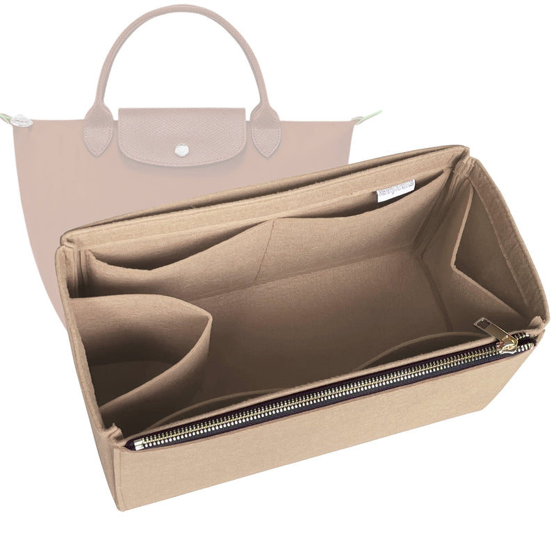 Organizer for [Le Pliage Cuir Top Handle Large, Longchamp] Tote Purse Bag Insert Liner Shaper (Felt, Full-width Zip and Open Pocket)