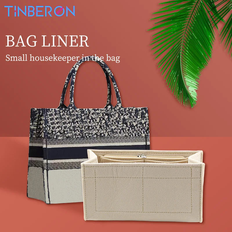 TINBERON Bag Organizer Insert Make up Cosmetic Bag Fits For TOTE Bag Felt Cloth Bag Organizer With Zipper Handbag Tote Shaper