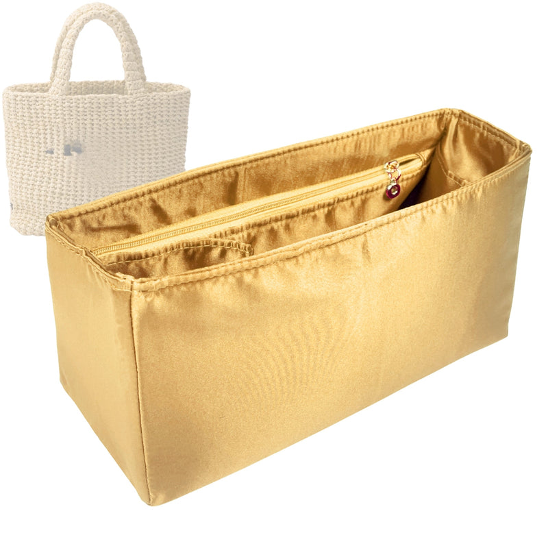 Organizer for [Small Crochet tote bag, Prada] Tote Purse Bag Insert Organiser Liner Shaper (Silk, Long Zip and Open Compartment)