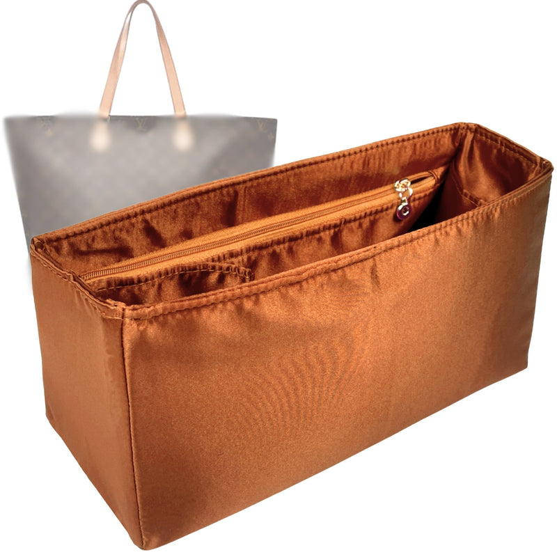 Organizer for [All-in GM (Large), LV] Tote Purse Bag Insert Liner Shaper (Silk, Full-width Zip and Open Pocket)