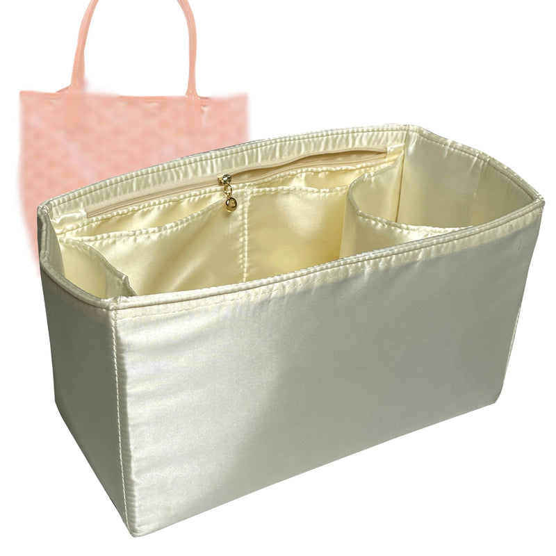 Organizer for [Anjou PM (Small), Goyard] Tote Purse Bag Insert Liner Shaper (Silk, Full-width Zip and Open Pocket)