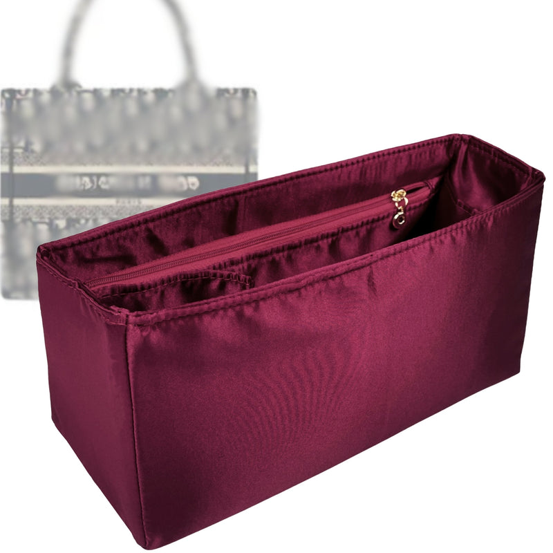 Organizer for [Book Tote Large, Dior] Tote Purse Bag Insert Liner Shaper (Silk, Full-width Zip and Open Pocket)