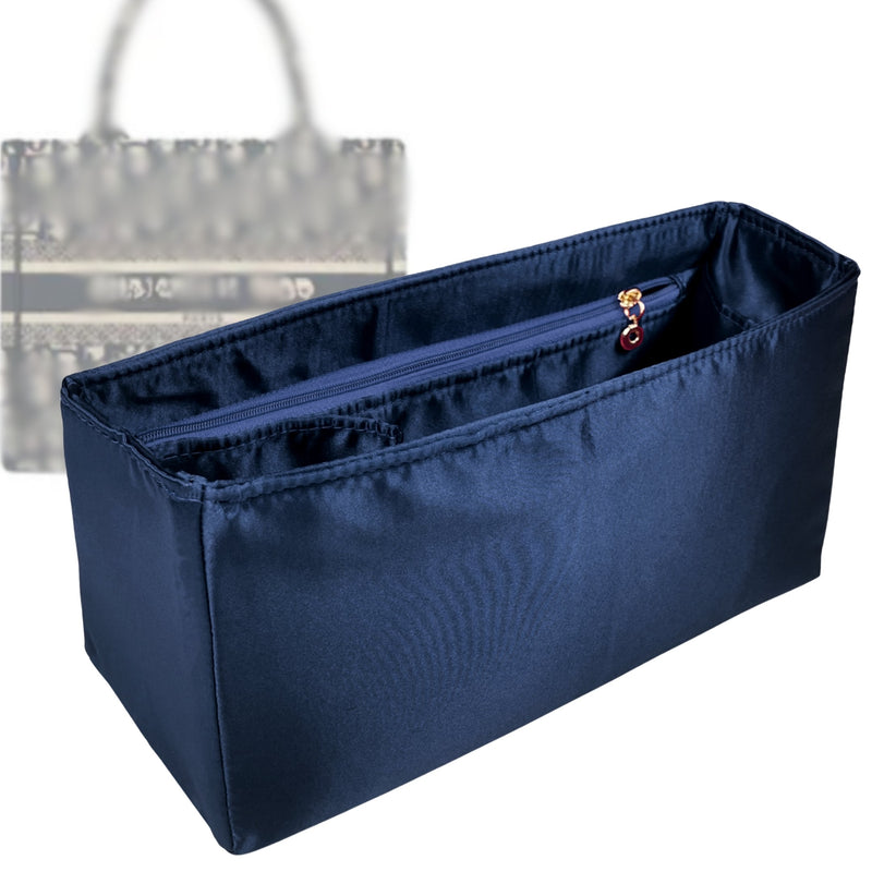 Organizer for [Book Tote Small, Dior] Tote Purse Bag Insert Liner Shaper (Silk, Full-width Zip and Open Pocket)