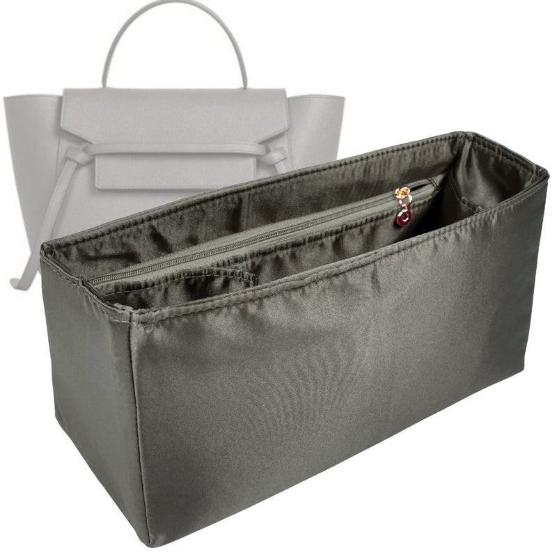 Organizer for [Mini Belt, Celine] Tote Purse Bag Insert Liner Shaper (Silk, Full-width Zip and Open Pocket)