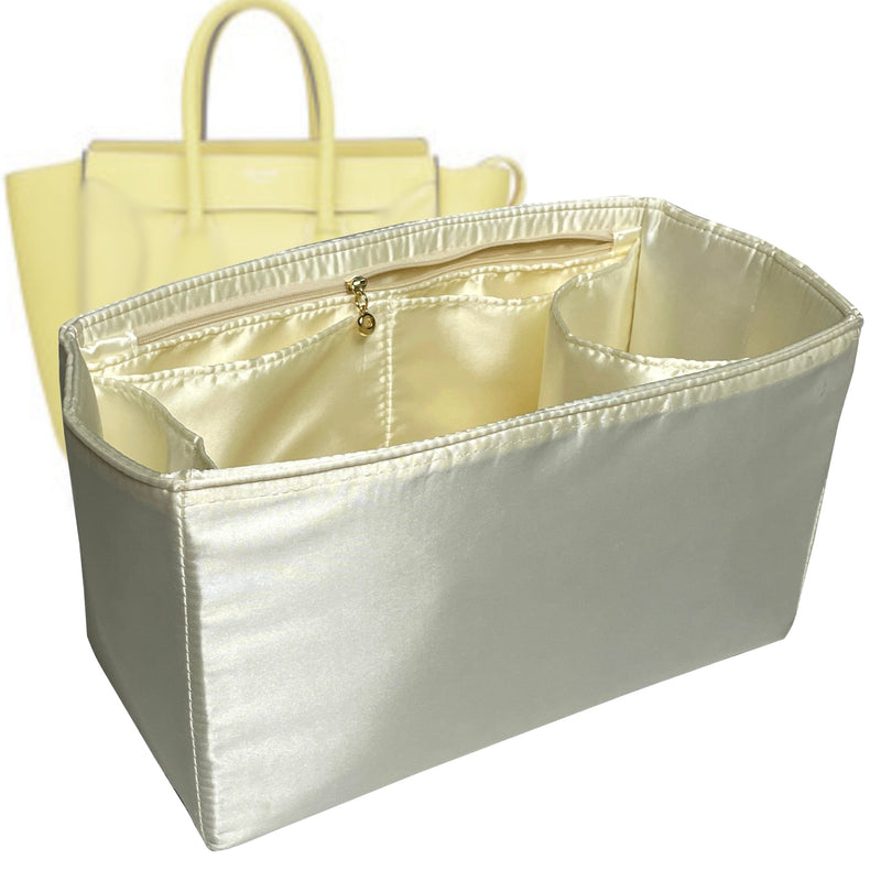 Organizer for [Mini Luggage, Celine] Tote Purse Bag Insert Liner Shaper (Silk, Full-width Zip and Open Pocket)