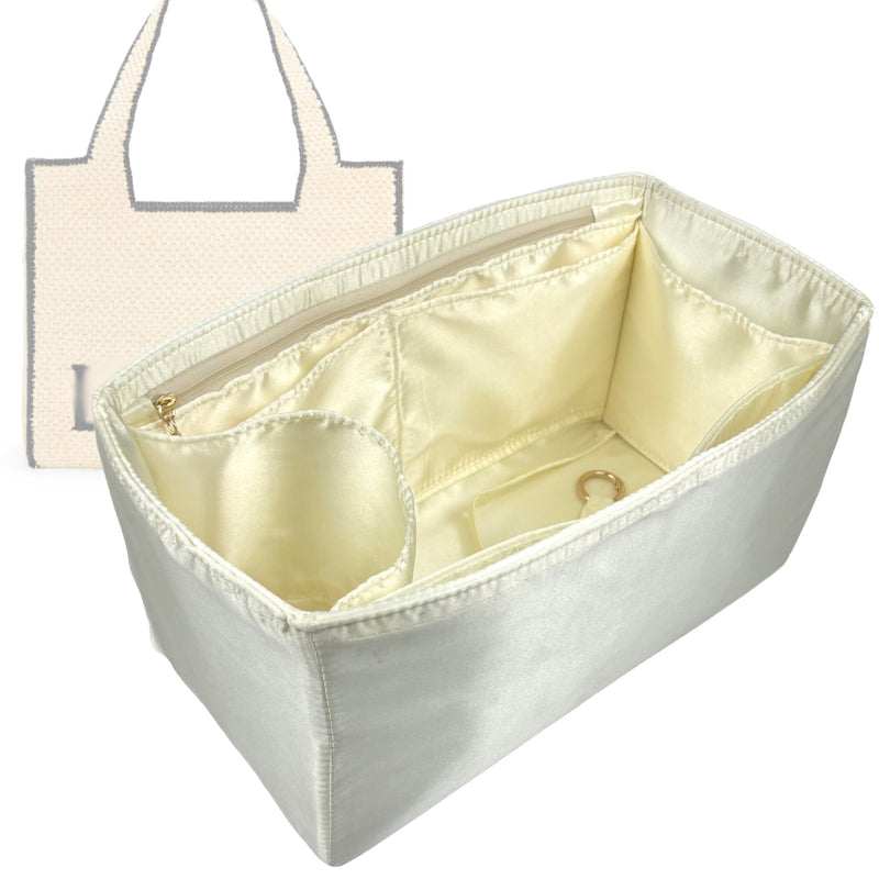 Organizer for [Large Font Tote in raffia, Loewe] Tote Purse Bag Insert Liner Shaper (Silk, Full-width Zip and Open Pocket)