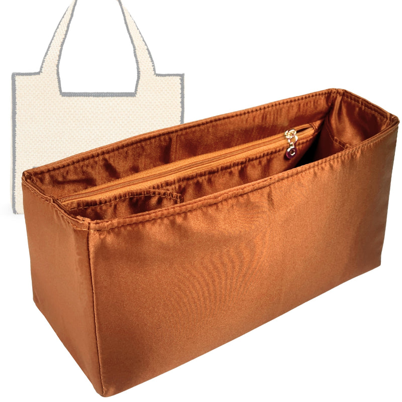Organizer for [Mini Font Tote in raffia, Loewe] Tote Purse Bag Insert Liner Shaper (Silk, Full-width Zip and Open Pocket)