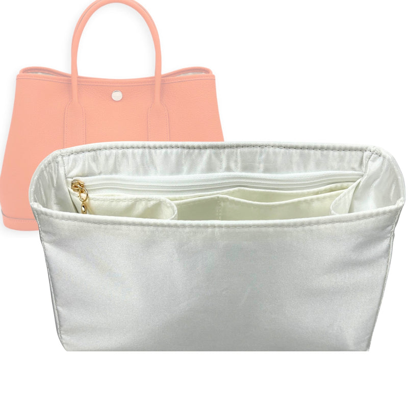 Organizer for [Garden Party 30, Hermes] Tote Purse Bag Insert Liner Shaper (Silk, Full-width Zip and Open Pocket)