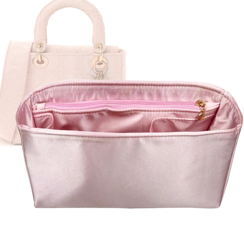 Organizer for [Large Lady D-Lite Bag, Dior] Tote Purse Bag Insert Liner Shaper (Silk, Full-width Zip and Open Pocket)