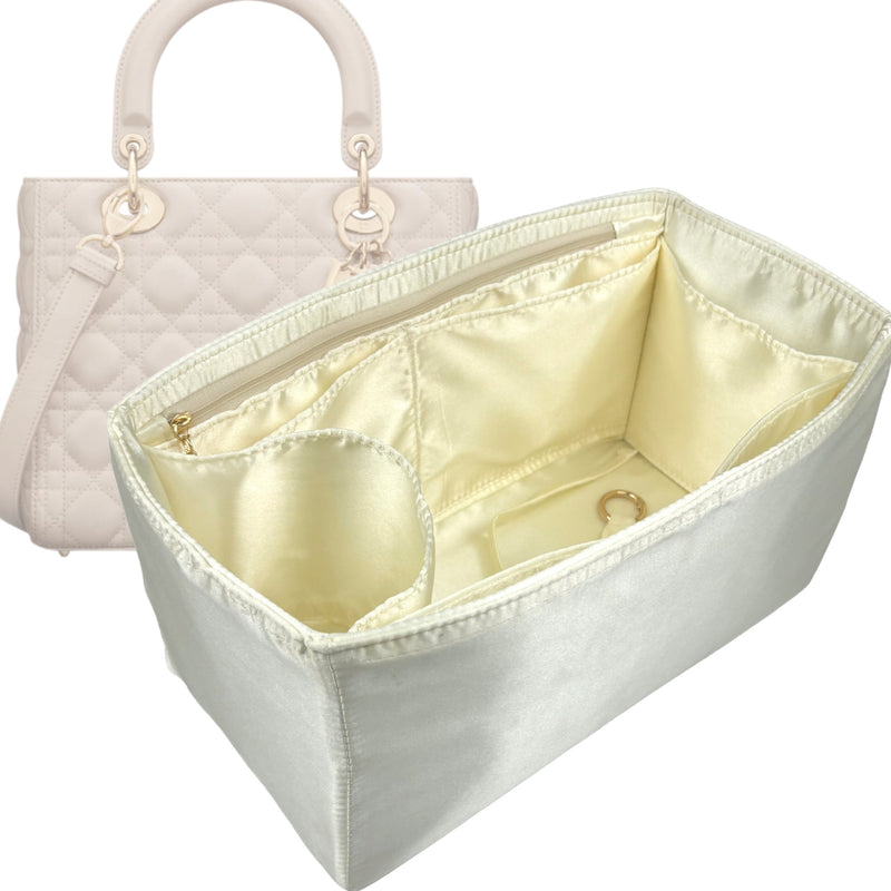 Organizer for [Lady Dior Medium, Dior] Tote Purse Bag Insert Liner Shaper (Silk, Full-width Zip and Open Pocket)