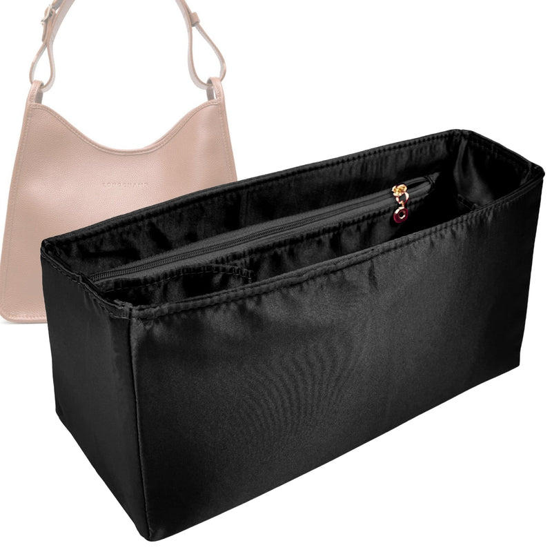 Organizer for [Le Foulonné Medium, Longchamp] Tote Purse Bag Insert Liner Shaper (Silk, Full-width Zip and Open Pocket)