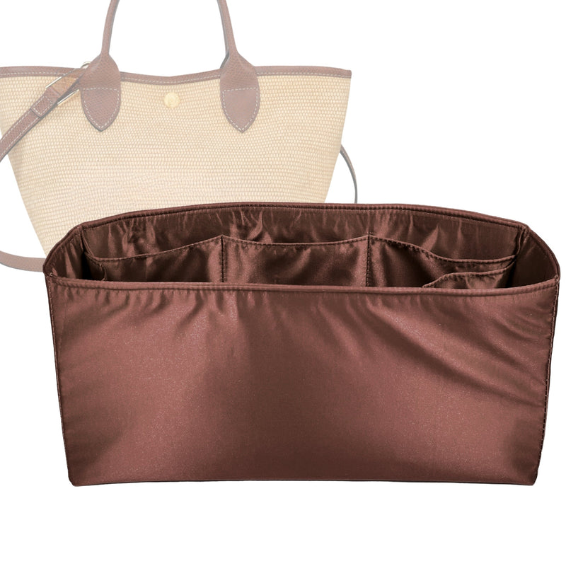 Organizer for [Le Panier Pliage S Basket, Longchamp] Tote Purse Bag Insert Liner Shaper (Silk, Full-width Zip and Open Pocket)