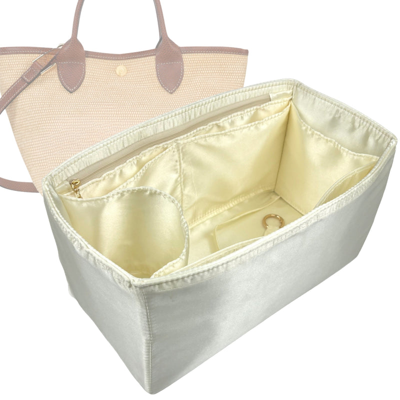 Organizer for [Le Panier Pliage XS Basket, Longchamp] Tote Purse Bag Insert Liner Shaper (Silk, Full-width Zip and Open Pocket)