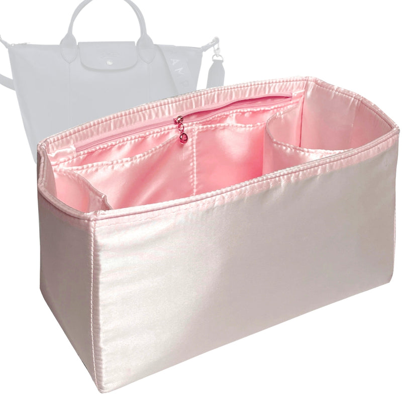 Organizer for [Le Pliage Collection L Tote, Longchamp] Tote Purse Bag Insert Liner Shaper (Silk, Full-width Zip and Open Pocket)