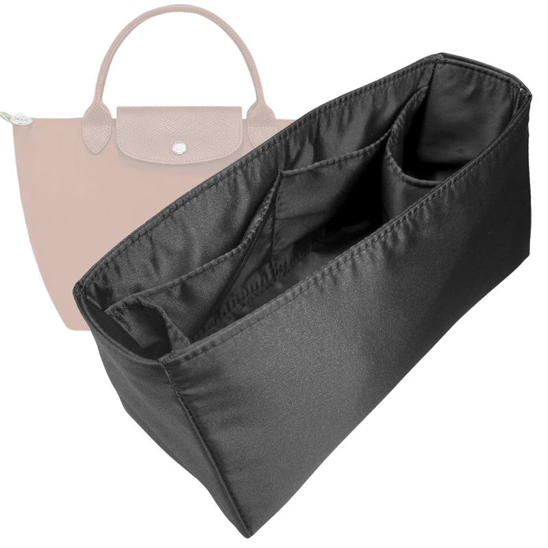 Organizer for [Le Pliage Original M Handbag, Longchamp] Tote Purse Bag Insert Liner Shaper (Silk, Full-width Zip and Open Pocket)