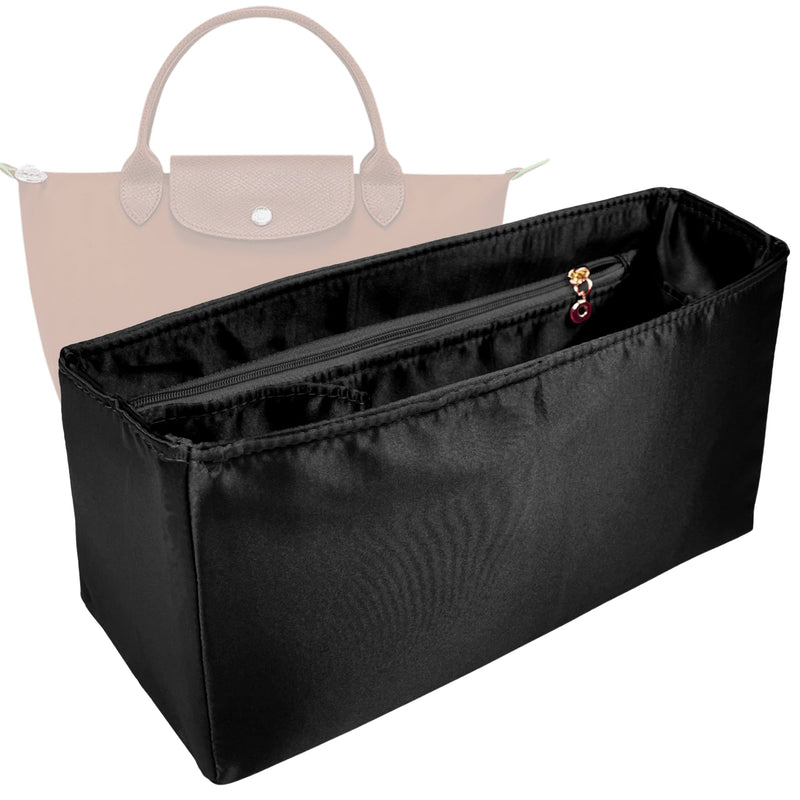 Organizer for [Le Pliage Original M Handbag, Longchamp] Tote Purse Bag Insert Liner Shaper (Silk, Full-width Zip and Open Pocket)