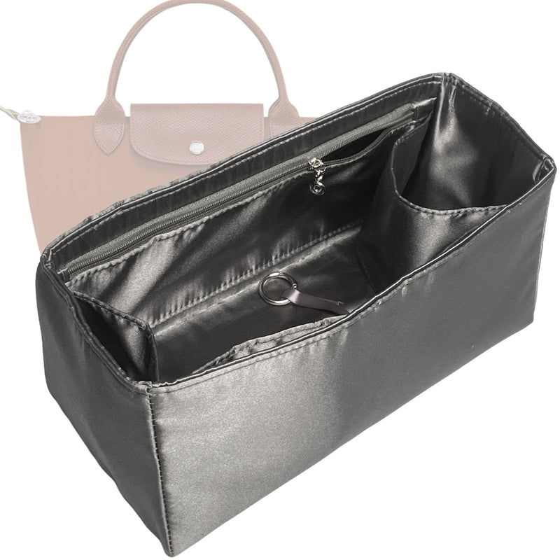 Organizer for [Le Pliage Original Expandable Travel Bag, Longchamp] Tote Purse Bag Insert Liner Shaper (Silk, Full-width Zip and Open Pocket)