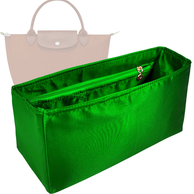 Organizer for [Le Pliage Original S Handbag, Longchamp] Tote Purse Bag Insert Liner Shaper (Silk, Full-width Zip and Open Pocket)