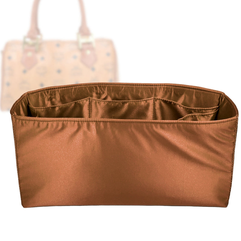 Organizer for [Essential Boston Medium, MCM] Tote Purse Bag Insert Liner Shaper (Silk, Full-width Zip and Open Pocket)