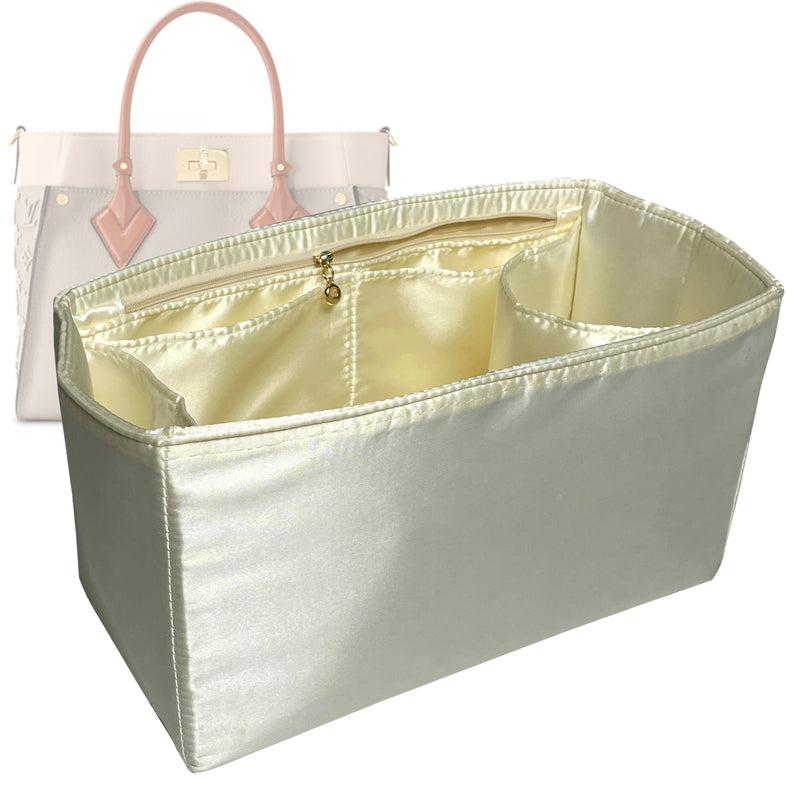 Organizer for [On My Side PM (Small), LV] Tote Purse Bag Insert Liner Shaper (Silk, Full-width Zip and Open Pocket)