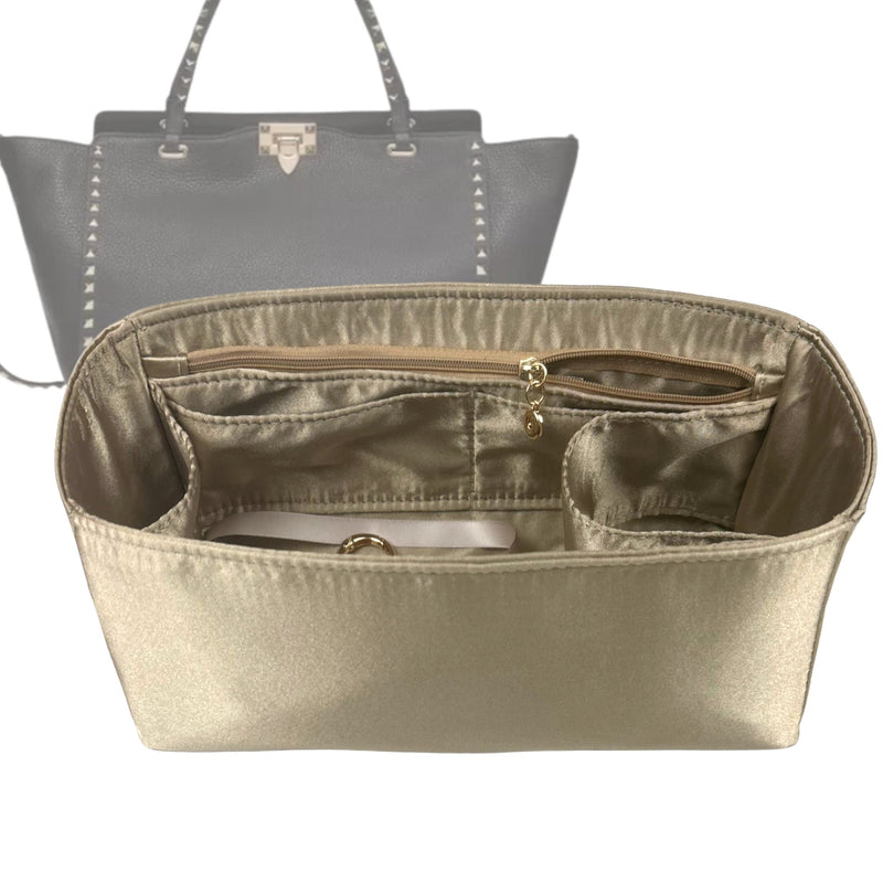 Organizer for [Rockstud Medium, Valentino] Tote Purse Bag Insert Liner Shaper (Silk, Full-width Zip and Open Pocket)