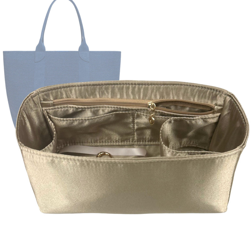 Organizer for [The Classic Tote, Rothys] Tote Purse Bag Insert Liner Shaper (Silk, Full-width Zip and Open Pocket)