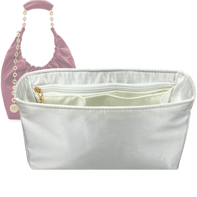 Organizer for [Small Squeeze bag, Loewe] Tote Purse Bag Insert Liner Shaper (Silk, Full-width Zip and Open Pocket)