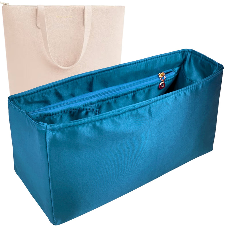 Organizer for [Tall Structured Leather Tote, Cuyana] Tote Purse Bag Insert Liner Shaper (Silk, Full-width Zip and Open Pocket)