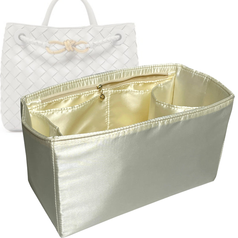 Organizer for [Large Andiamo, Bottega Veneta] Tote Purse Bag Insert Liner Shaper (Silk, Trapezoid Shape with Zip Pocket)