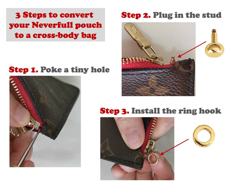 Neverfull Pochette Pouch Ring Hook and Gold Chain Strap, GM MM PM, Convert Zip Pouch to Cross Body Bag Purse, Clasps Clips Claw